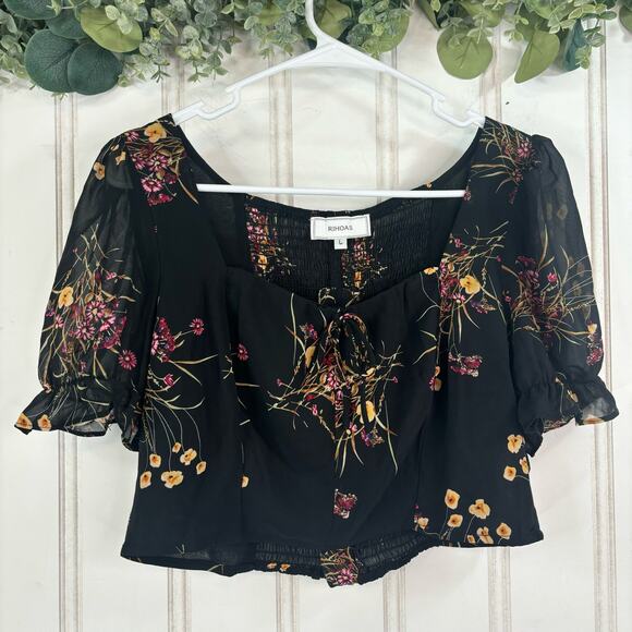 RIHOAS Cropped Blouse Women LARGE Black Floral Whimsigoth Romantic Goth Sheer - Picture 1 of 5